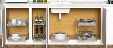 OCG 2 Tier Pull Out Cabinet Organizer (14" W x 21" D), Pull Out Drawers for Kitchen Cabinets, Pull Out Shelves for Base Cabinet Organization in Kitchen Bathroom Pantry, Chrome Finish