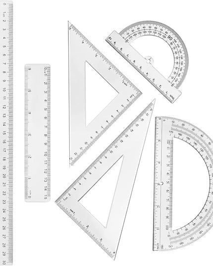Tenare 6 Pcs Plastic Ruler Math Set Includes 12 Inch 6 Inch Straight Protractor Triangle Geometry Transparent Math Ruler Measuring Tools for School Office Home(Clear)