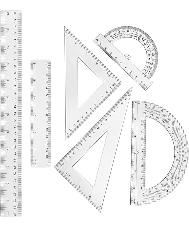 Tenare 6 Pcs Plastic Ruler Math Set Includes 12 Inch 6 Inch Straight Protractor Triangle Geometry Transparent Math Ruler Measuring Tools for School Office Home(Clear)
