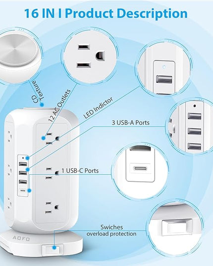 15 ft Long Extension Cord Power Strip Tower,AOFO Surge Protector 12 AC Outlets 4 USB(1 USB C) Ports, Charging Tower Overload Protection with Multiple Outlets for Home Dorm Office