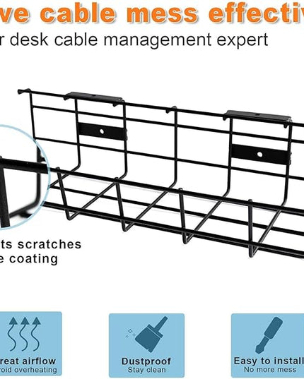 Under Desk Cable Management- 6 Pack Cord Organizer. Metal Wire Cable Management Tray for Office, Studio and Home. Super Sturdy Under Table Cable Managements - Black Cable Organizer