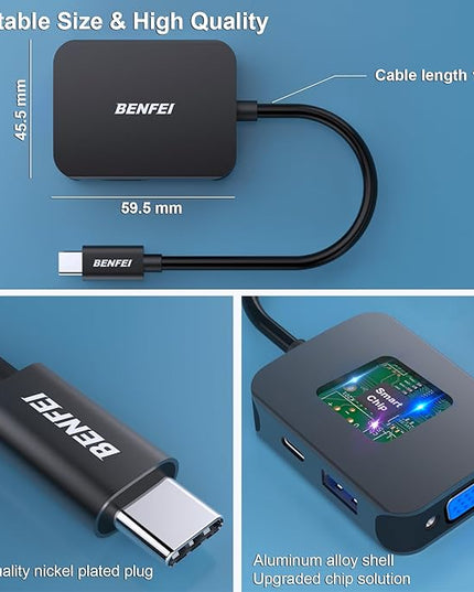 BENFEI USB C HUB 4in1, USB Type-C to HDMI VGA Adapter, USB C to USB Adapter, USB Type-C Power Delivery, Compatible with iPhone 15 Pro/Max, MacBook Pro/Air 2023, iPad Pro, iMac, S23, XPS 17