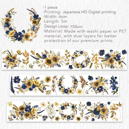 WT PET Tape, Floral Sunflower & Navy Design, Wide Decorative Craft Tape, Single Roll, Clear Transparent Tape for Bujo Planner & DIY Scrapbooking Supplies