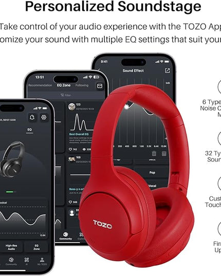 TOZO HT2 Hybrid Active Noise Cancelling Headphones, Wireless Over Ear Bluetooth Headset, 60H Playtime, Hi-Res Audio Custom EQ via App Deep Bass Comfort Fit Ear Cups, for Home Office Travel