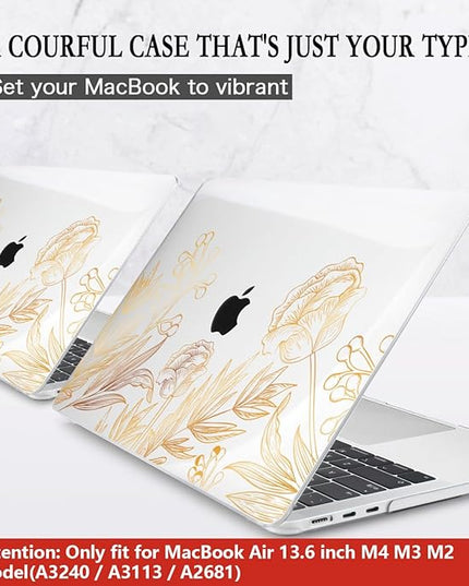 CISSOOK for MacBook Air 13.6 inch Case A3240 A2681 A3113 Release 2022 2023 2024 2025, Plastic Hard Shell Case Keyboard Cover for MacBook Air 13 inch M2 M3 M4, Gold Floral Blossom