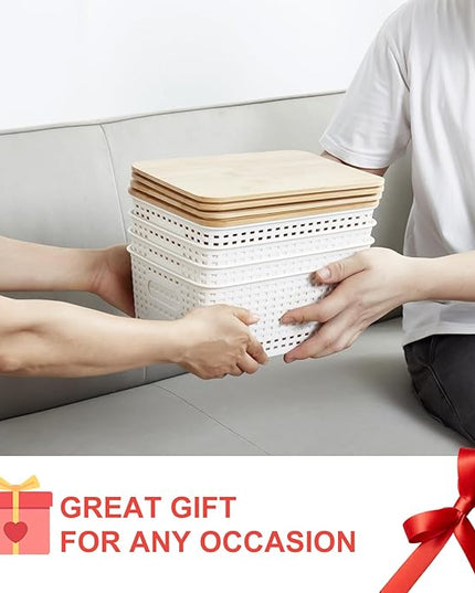Small Plastic Storage Bins with Bamboo Lids 5.2qt Stackable Box Basket Pantry Decorative Containers Cute with Lable for Organizing Desktop Closet Office Cream White of 6 packs 10*7.2*4.1'’