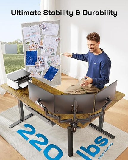 HUANUO 63″ Dual Motor L-Shaped Standing Desk, Built-in Power Outlets, Electric Height Adjustable Corner Computer Desk, Large Power Strip Holder, Sit Stand Up Desk with 3 Preset Heights, Vintage Brown