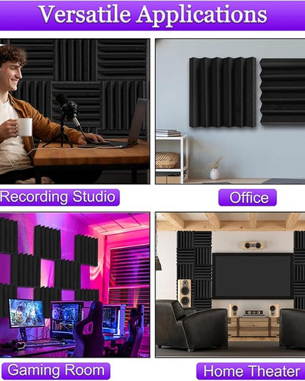 TroyStudio Thick Acoustic Foam Panels, 12 X 12 X 3 Inch 12 Pcs Broadband Sound Absorbing Foam, Dense Soundproof Padding Tile, Recording Studio Foam Absorber, Wedge Decorative 3D Wall Ceiling Panel
