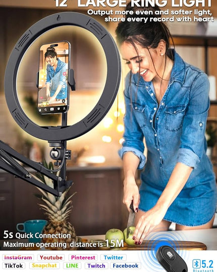 Upgrade Ring Light Overhead Phone Mount, 12”Circle LED Desk Ring Light with Clamp for Video Recording,Flexible Articulating Phone Arm Stand Compatible with iPhone,Live Streaming YouTube Tiktok