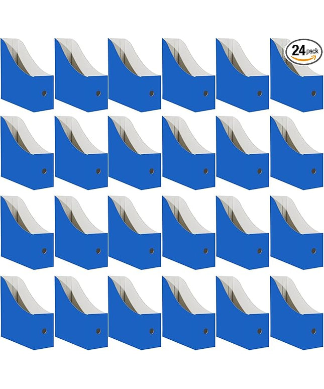Limitliho 24 Pack Cardboard Magazine File Holder for Desktop ，Blue Book Bins for Classroom Library, Office or Home, Vertical Paper Boxes for Storage with Label(10.6" H x 10.2" L x 3.5" W in)