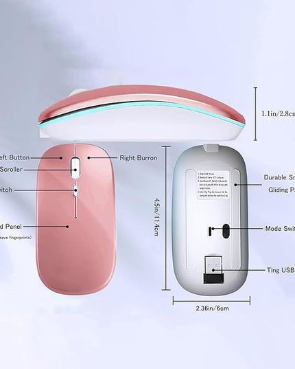 Wireless Bluetooth Mouse Rechargeable Laptop Mice with LED Lights Silent Slim Use(BT5.2 & 2.4G Portable USB) Dual Mode Computer Mouse for Laptop/iPad/Tablet/Apple/Computer/Mac(Rose Gold)