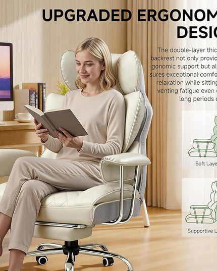 COMHOMA Big and Tall Office Chair, High Back Leather Gaming Chair with Footrest, Executive Ergonomic Office Chairs with Pocket Spring Lumbar Support and with Outward Fixed Soft Armrests