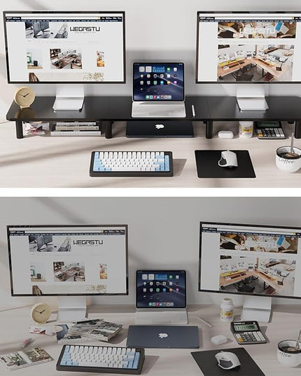 43.7" Extra Long Dual Monitor Stand Riser, Wood & Steel Monitor Stand for 2 Monitors, Wide TV Stand, Desktop Riser for Desk Organization, Home Office，Laptop,Printer,TV (Black)