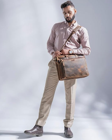 Handmade World Leather Briefcase For Men 'The Contemporary' Fits 17 Inch Laptop Computer Messenger Crossbody Shoulder Bag For Business Travel Office Work
