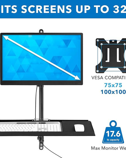 Mount-It! Wall Mount Workstation with Single Monitor Mount, Keyboard Tray and CPU Holder, Height Adjustable Full Motion Arms, Fits One 32 Inch Computer Screens