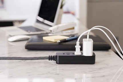 GE 3-Outlet Power Strip Mini Extension Cord with Multiple Outlets 5 Inch Braided Short Cord Extension Cord Grounded Flat Plug Extension Cord ETL Listed 2 Pack Black 53240