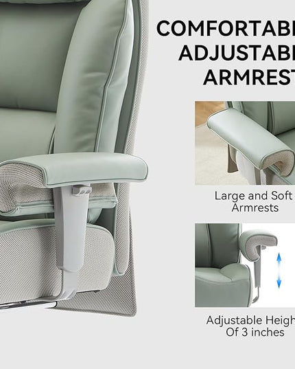 Efomao Big and Tall Green Office Chair 450LBS – Ergonomic High-Back Executive Chair with Footrest, Adjustable Padded Armrests, PU Leather Computer Chair with Lumbar Support for Home or Office，Green