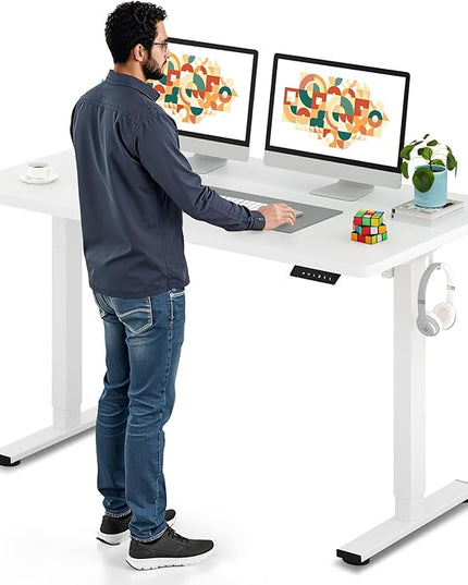 SANODESK Electric Standing Desk 55 x 28 Inches Whole-Piece Desktop Height Adjustable Stand Up Desk w/6-Button Controller Ergonomic Computer Desk for Home Office, White Frame + White Tabletop
