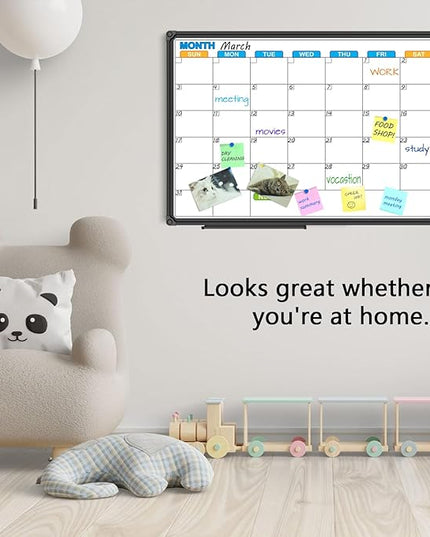 JILoffice Dry Erase Calendar Whiteboard - Magnetic White Board Calendar Monthly 24 X 18 Inch, Black Aluminium Frame Wall Mounted Board for Office Home and School