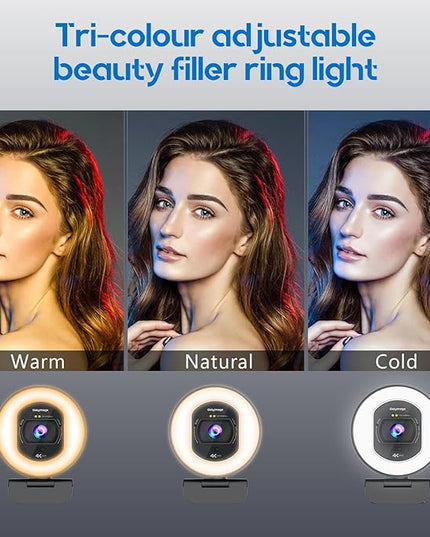 4K Webcam with Ring Light Web Cam 4K Autofocus with TOF Computer Camera 1080P 60FPS Web Camera Built-in Privacy Cover and Microphone Streaming Webcams for Zoom/Skype/Google Meet