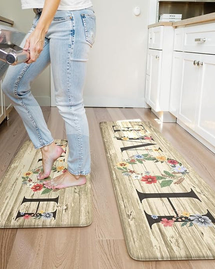 KIMODE Kitchen Floor Mats Cushioned Anti Fatigue,Farmhouse Floral Rugs Sets of 2,Memory Foam Carpet Non Slip,Long Sink Runner for Bathroom Laundry Office,Beige 17"x59"+17"x29"