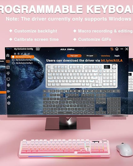 AULA S98 Pro Wireless Mechanical Keyboard with Screen & Knob,2.4GHz/USB-C/BT5.0 Hot Swappable Pink Creamy Keyboard,Pre-lubed Linear Switches,Side Printed PBT Keycaps,RGB Backlit Gaming Keyboards
