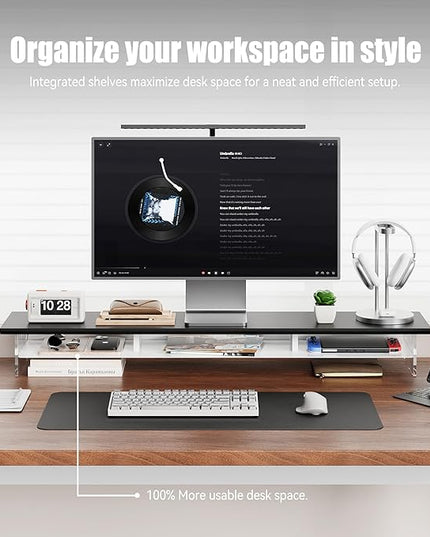 Dual‑Tier Monitor Stand for Modern Desk Setup – Minimalist Wooden and Metal Riser Shelf with Transparent Acrylic Feet for Dual Monitors, Laptops, Home Office Aesthetic，Black and White