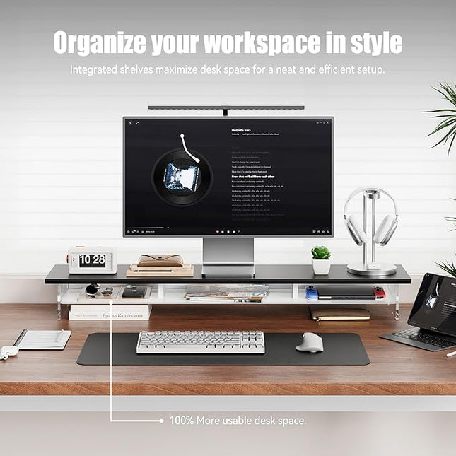 Dual‑Tier Monitor Stand for Modern Desk Setup – Minimalist Wooden and Metal Riser Shelf with Transparent Acrylic Feet for Dual Monitors, Laptops, Home Office Aesthetic，Black and White