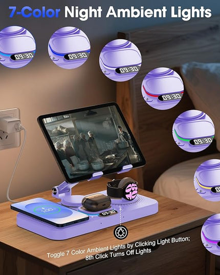 30W Tablet Wireless Charger for Samsung, Foldable Android Charging Station with Clock Display with 7-Color Light, Wireless Watch Charger for S25, Only Compatible Samsung Watch,Galaxy Buds3 Pro(Lilac