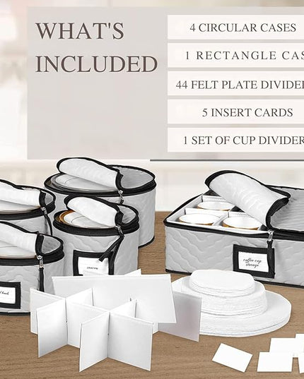 China Storage Containers 5-Piece Set Moving Boxes for Dinnerware, Glasses, Plates, Mugs and Saucers Sturdy Quilted Microfiber Dish Organizer with Dividers for Seasonal Storage - Holds Set of 12, Gray
