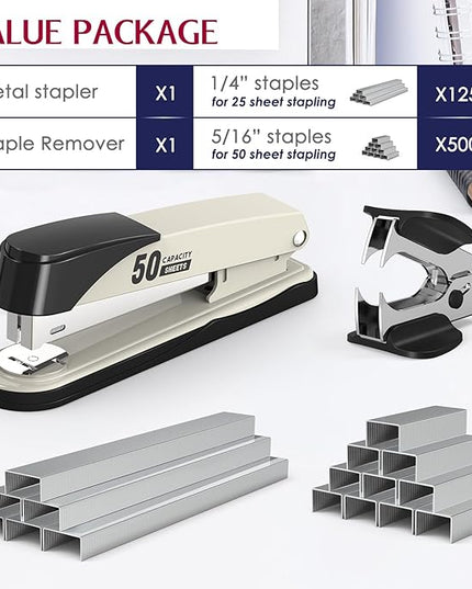 Metal Stapler Heavy Duty 50 Sheet Capacity with 1750 Staples and Staple Remover, Full Strip Staplers for Desk, No Jam, Non-Slip for Office & Classroom, White