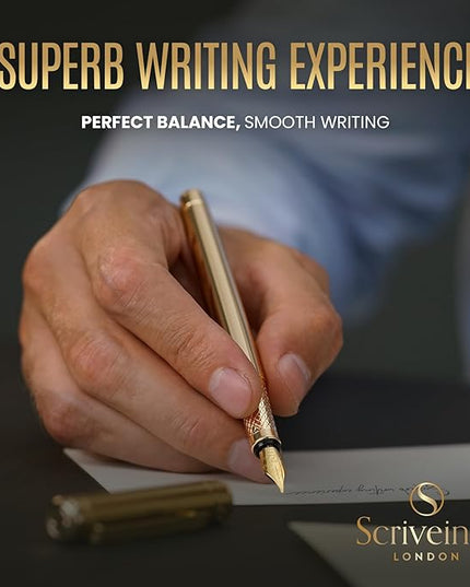 Scriveiner Luxury Fountain Pen - Stunning Luxury Pen, Real Gold Finish, Schmidt Gilded Nib (Fine), Converter, Best Pen Gift Set for Men & Women, Professional, Executive, Office, Nice Pens