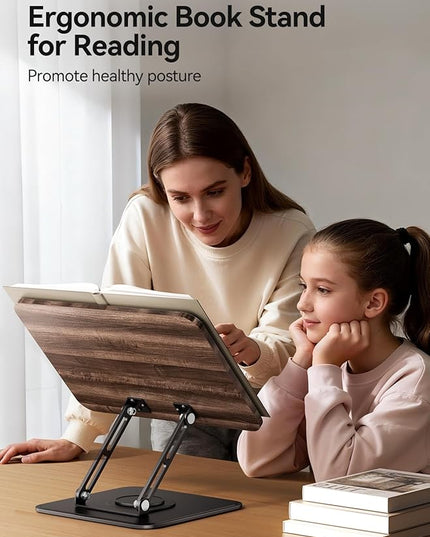 Tounee Book Stand, 360° Rotating Reading Book Holder, Adjustable Cookbook Holder for Reading Hands-Free, Foldable Desktop Recipe Book Stand with Protective Page Clips, Fits All Books - Black