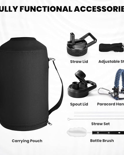One Gallon Water Bottle Insulated, Triple Walled Vacuum Stainless Steel (Cold for 48 Hrs), Leak Proof & Non-BPA, Large Water Flask Jug with Paracord Handle & Straw Spout Lids