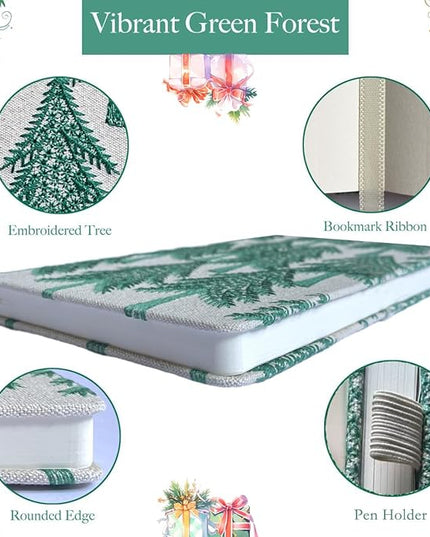 ipoul Embroidered Journal, Pretty Notebook, A5, Hardcover, Lay Flat, Ruled Paper, Personal Journal for Women, Christmas Pine Tree, Evergreen, Cute