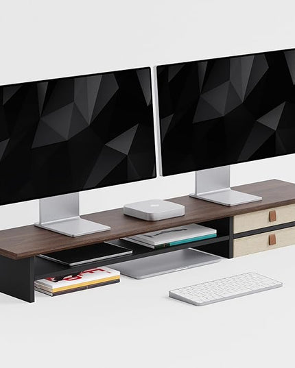Dual‑Tier Monitor Stand Riser with Drawers, Desktop Organizer Shelf Storage for Computer Screen 2 Monitors, Supports for PC Computer Monitor, Printer, Heavy TV Riser Brown and Black