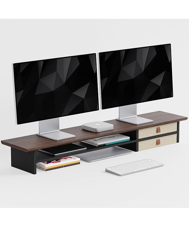Dual‑Tier Monitor Stand Riser with Drawers, Desktop Organizer Shelf Storage for Computer Screen 2 Monitors, Supports for PC Computer Monitor, Printer, Heavy TV Riser Brown and Black