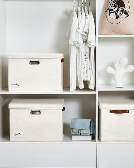 17" Large Collapsible Storage Bins with Lids, Stackable Closet Organizers with PU Handle and Labels, 3-Pack Decorative Fabric Storage Boxes for Home, Bedroom, Closet, Office, Nursery(White)