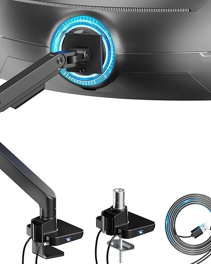 ARES WING Ultrawide Monitor Arm with USB A/C, for 17 to 49 inch Heavy Duty Screen, Holds 44 lbs, Adjustable Gas Spring Arm Desk Mount with Clamp and Grommet Base, Black
