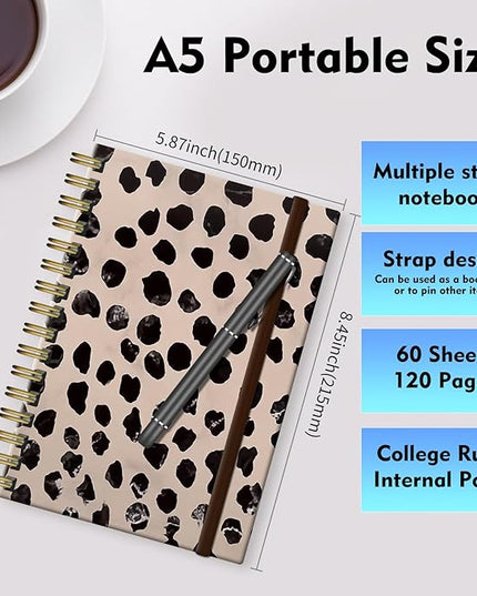 Spiral Journal Notebook, A5 Cute Notebooks for Women Men, College Ruled Hardcover Notebook for Work & Note Taking, 60 Pages Double-Wire Journals for Writing, Cute Polka Dots