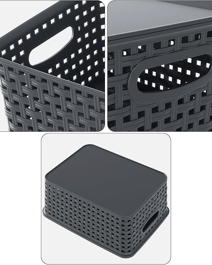 Xyskin Small Plastic Storage Basket with Lid, Set of 6 Weave Plastic Baskets, Grey
