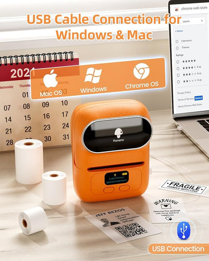 Phomemo Barcode Printer - M110 Label Maker Machine Wireless Bluetooth Themal Label Printer for Small Business, School, Barcode, Address, Jewelry, Clothing, Organizing, Orange