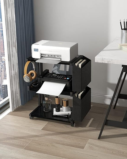 VEDECASA 2 Tier Black Printer Stand with Storage Bag for Home Office Desktop Printer Table Underdesk Organizer Mobile Printer Shelf with Caster Wheel (Black)