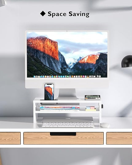 BONTEC Wooden Monitor Stand Riser, 2-Tier Desk Shelf with Storage Organizer, Ergonomic Computer Stand with Cable Management, Cellphone Holder, White, 16.5 Inch