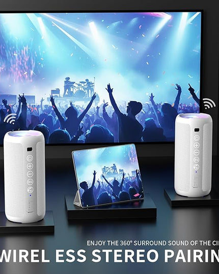Ortizan Portable Bluetooth Speaker: IPX7 Waterproof, 24W Loud Sound, Deep Bass, Bluetooth 5.3, LED Lights, Wireless Stereo Pairing, 30H Playtime, for Home/Outdoor/Party/Beach, Birthday Gift (White)