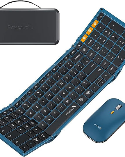 ProtoArc Foldable Keyboard and Mouse, XKM01 True Full-Size Folding Wireless Keyboard Mouse Combo for Business Travel, a Portable Office Suite On-The-Go, Compatible with Laptop iPad Tablet - Blue