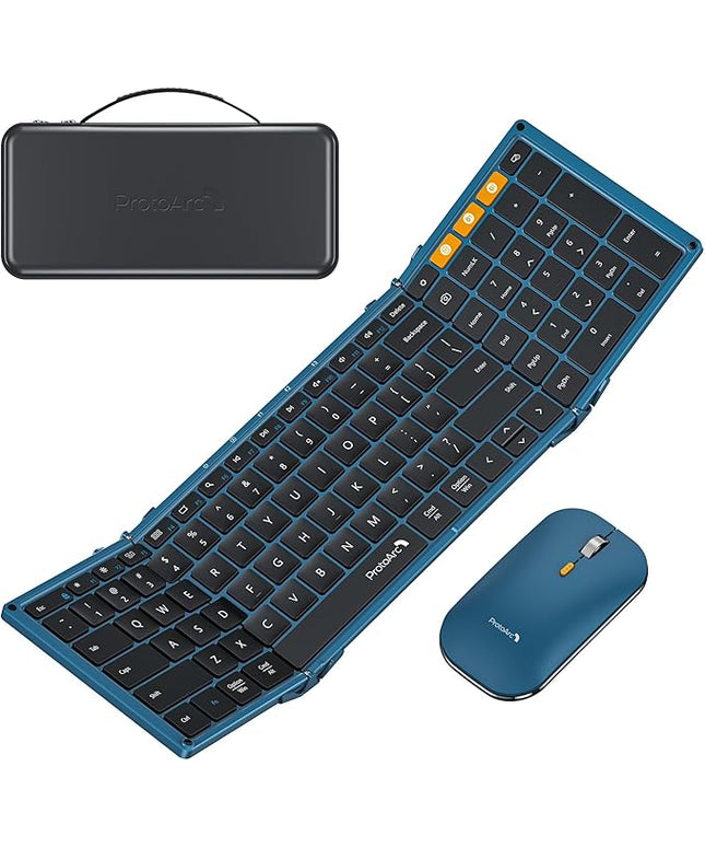 ProtoArc Foldable Keyboard and Mouse, XKM01 True Full-Size Folding Wireless Keyboard Mouse Combo for Business Travel, a Portable Office Suite On-The-Go, Compatible with Laptop iPad Tablet - Blue