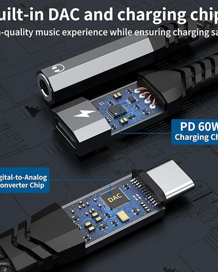 USB C to 3.5mm Headphone and Charger Adapter, 2-in-1 Type C to Aux Jack Cable with PD 60W Fast Charging for iPhone15 16 17 Pro Max, Samsung Galaxy S22 S23 S24 S25 Ultra, Note 20, iPad Air4, Pixel 8 9