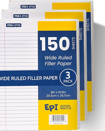 EPI Filler Paper | Wide Ruled | Loose Leaf, 3-Hole Punched, 10.5 x 8 in, 150 Sheets | School, Office, Notes, Binder Refill - 3 Pack