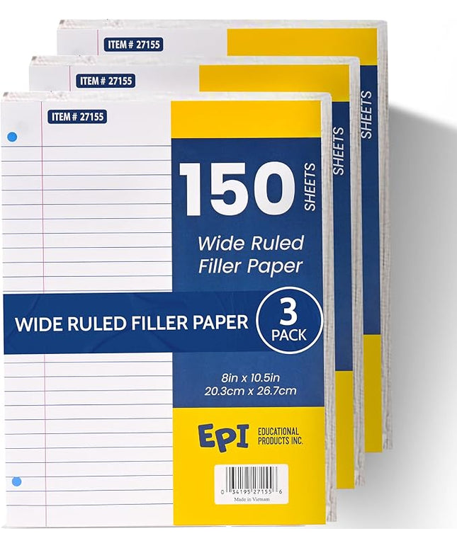 EPI Filler Paper | Wide Ruled | Loose Leaf, 3-Hole Punched, 10.5 x 8 in, 150 Sheets | School, Office, Notes, Binder Refill - 3 Pack